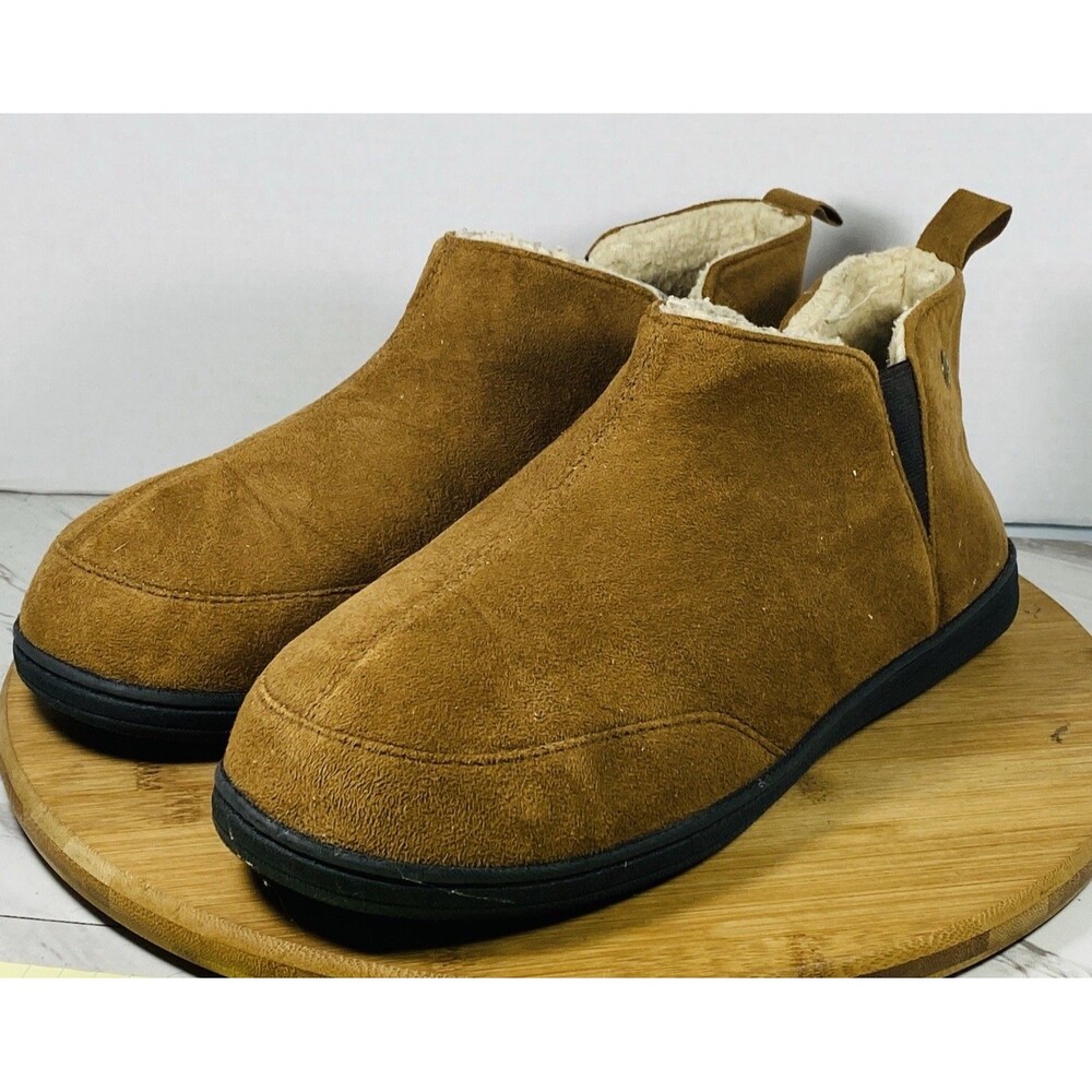 HomeTop Men's Soft Microsuede Sherpa Lined House Shoes with Elastic Brown Sz 10